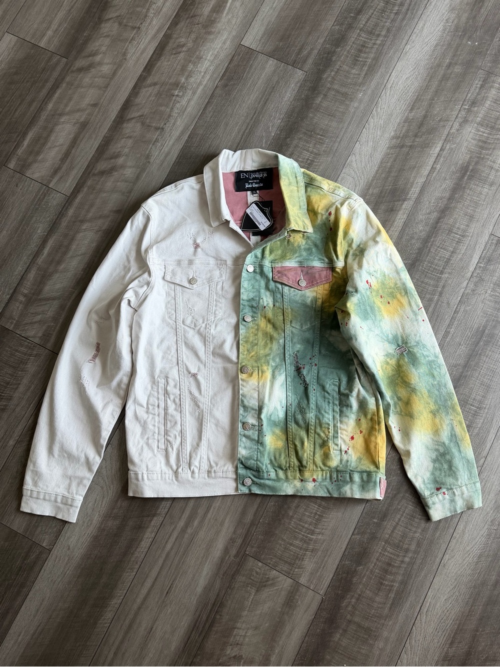 En Noir Inc Cash Denim Jacket White & Green Tie-dye Mens Sz 2XL NWT